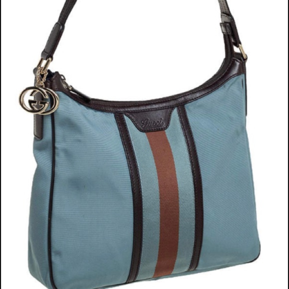 Gucci Blue/Brown Nylon & Leather‎ Vintage Web Hobo